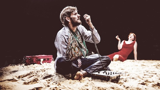 Holes - L-R Mathew Baynton (Gus) & Elizabeth Berrington (Marie) - The Arcola Tent - Photo By Idil SukanDraw HQ
