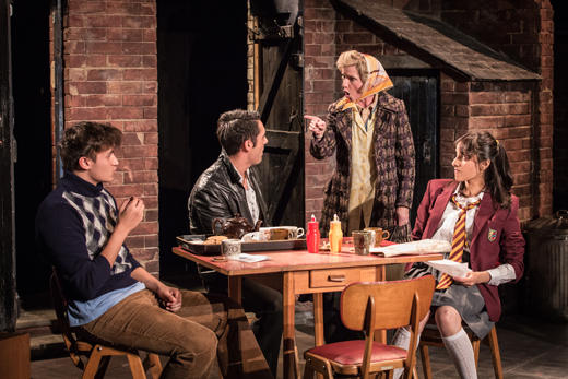 L-R Saleem (Nathan Clarke), Tariq (Ashley Kumar), Ella Khan (Jane Horrocks) & Meenah (Taj Atwal) in East is East, photo Marc Brenner