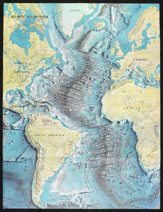 Map of the Atlantic Ocean floor, by Heinrich Berann, for National Geographic Magazine, June 1968. Photo: National Geographic