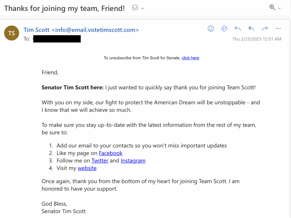 Tim Scott campaign email (Screenshot obtained by The Spectator)